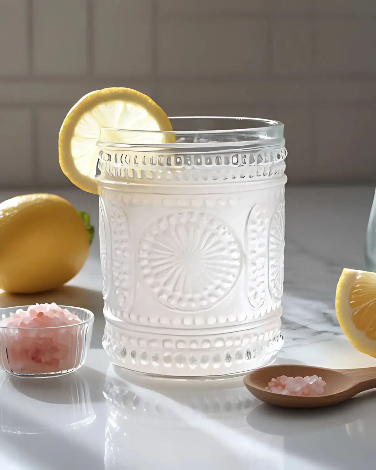 Glass of lemon water with Himalayan pink salt, lemon slices, and wooden spoon on a white countertop.