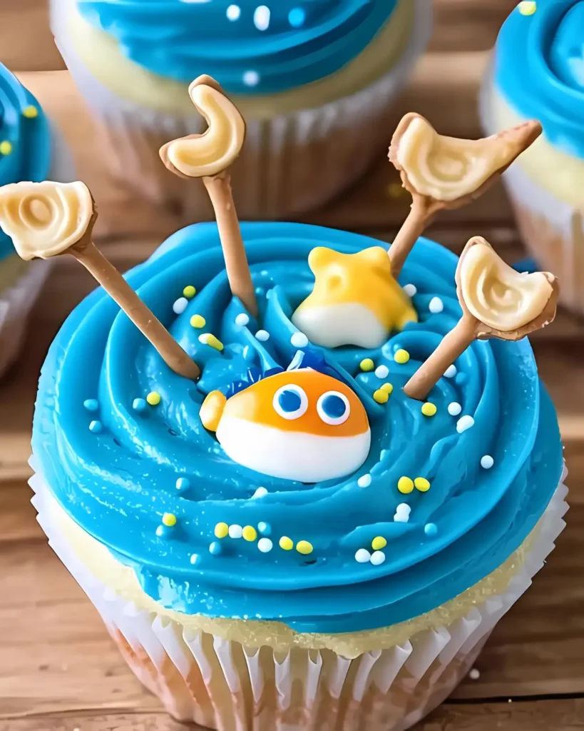 Gone Fishing Cupcake decorated with blue frosting, pretzel fishing poles, goldfish candy topper, and sprinkles on wooden background