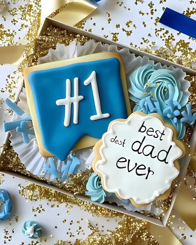 Father’s Day fancy cookie gift box with blue “#1” cookie and white “best dad ever” cookie, surrounded by gold confetti and blue frosting swirls