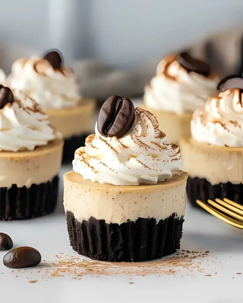 Group of mini coffee cheesecakes with whipped cream, cocoa powder, and espresso bean on Oreo crust, surrounded by coffee beans