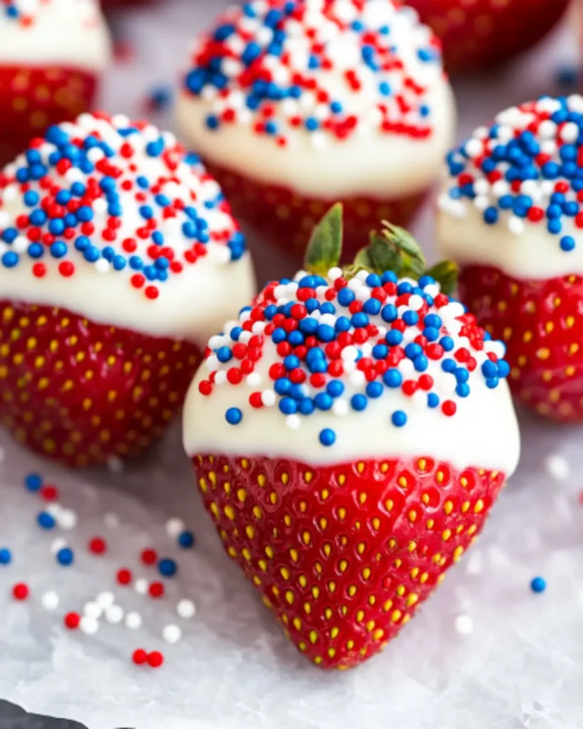 Close-up of chocolate-covered strawberries decorated with red, white, and blue nonpareil sprinkles, perfect for 4th of July.