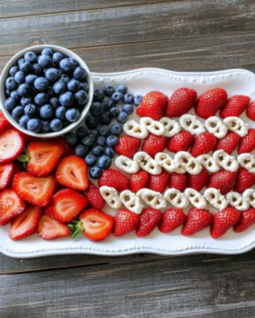 4th of July fruit platter with strawberries, blueberries, and white chocolate-covered pretzels arranged in American flag shape.