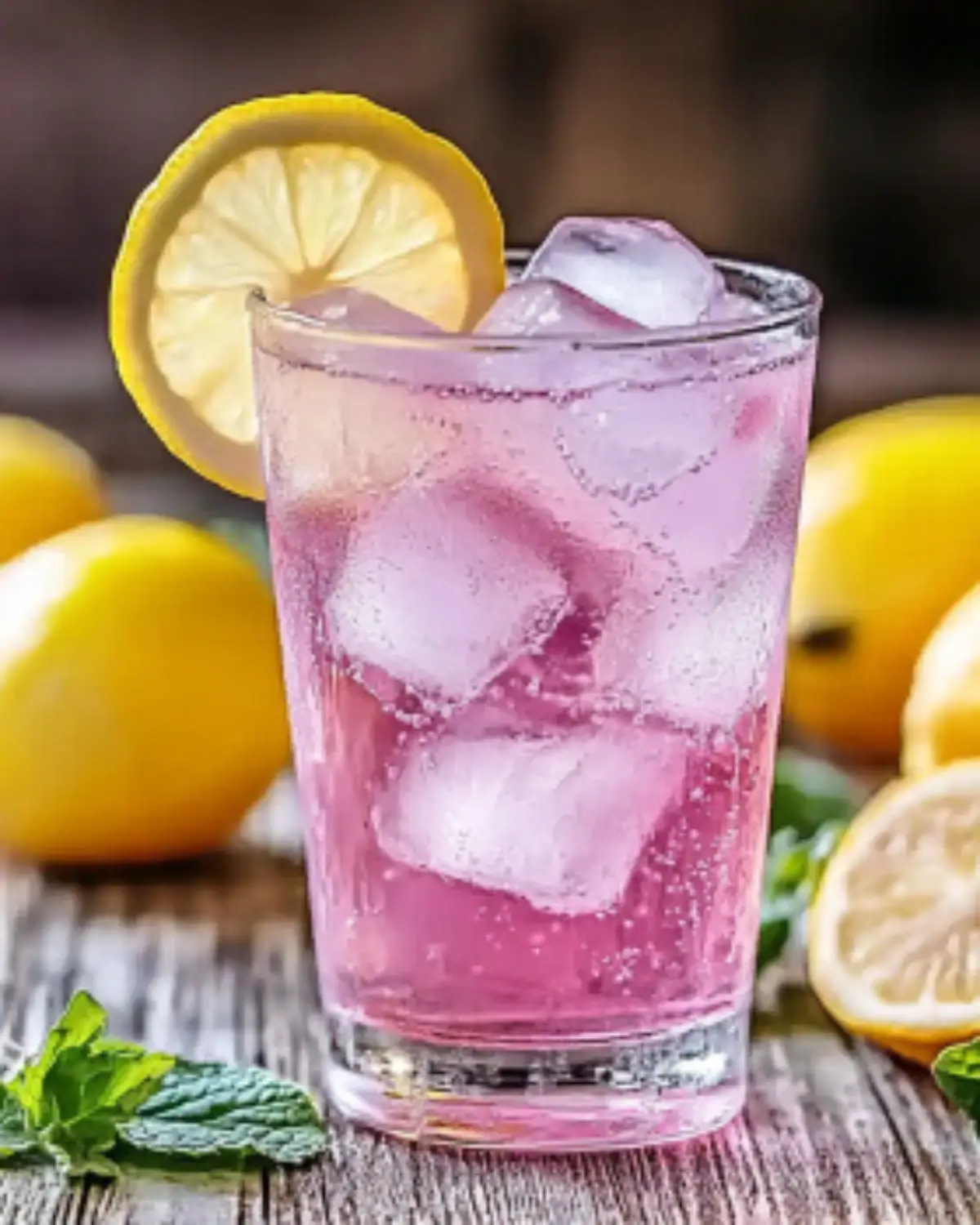 Glass of pink Himalayan salt drink with ice cubes, lemon slice, and fresh mint on a rustic wooden table