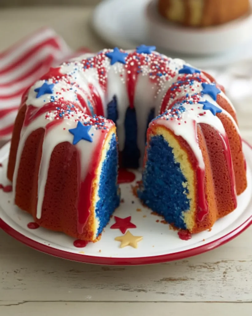 Patriotic Red, White and Blue Bundt cake with bright red and blue drizzle, topped with star sprinkles, cut to reveal yellow and blue layers.