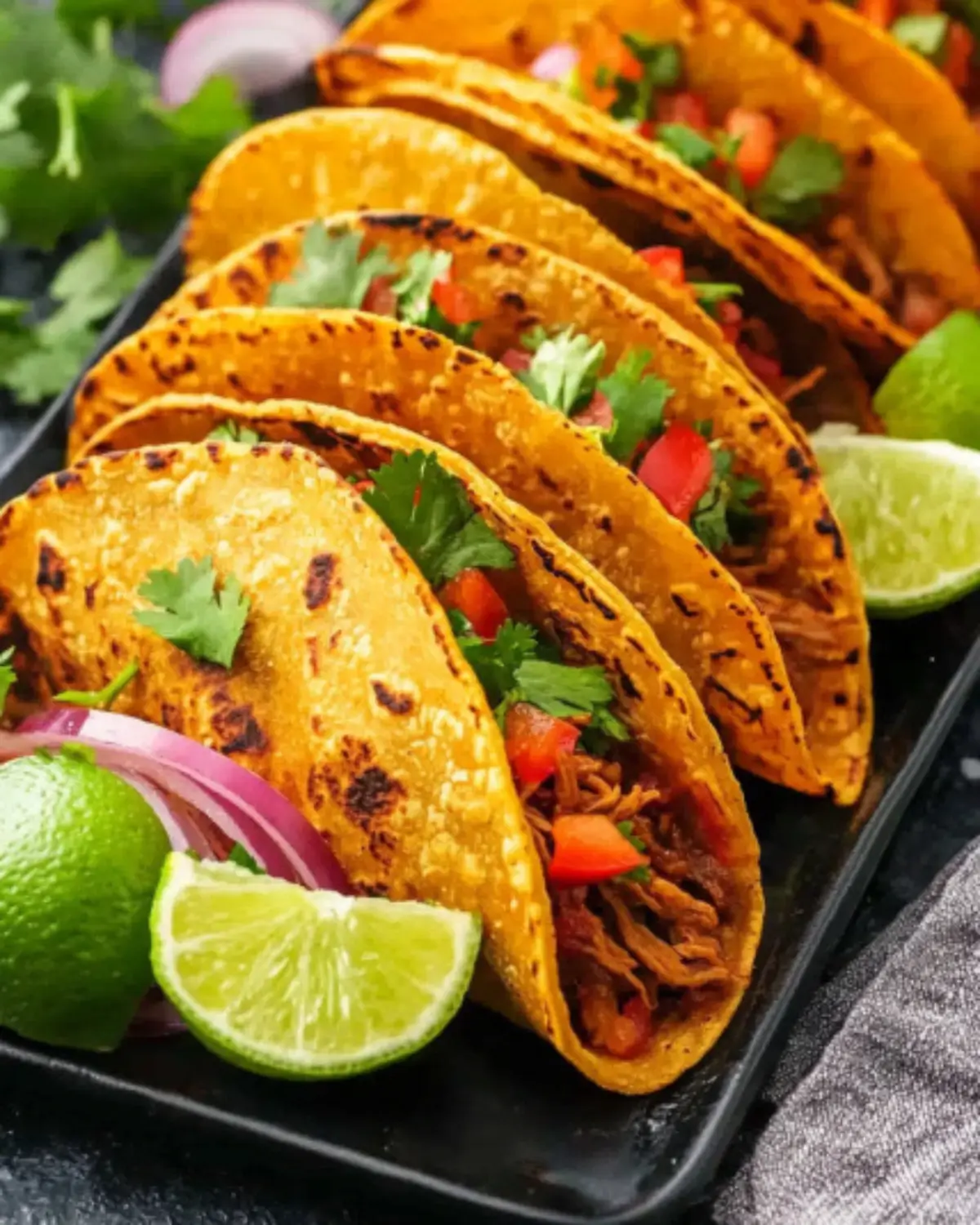 Plated Easy Slow Cooker Birria Tacos with cilantro, red onion, and lime, ready for dinner.
