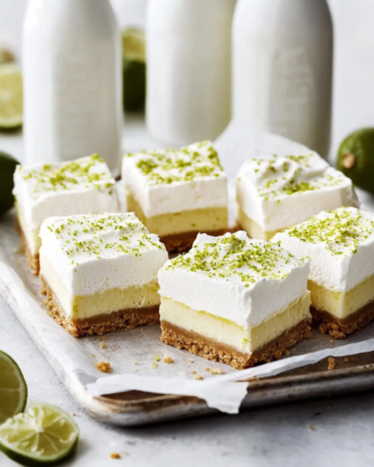 Fluffy Key Lime Pie Bars with whipped topping and lime zest on a tray, perfect for summer parties and citrus dessert lovers.