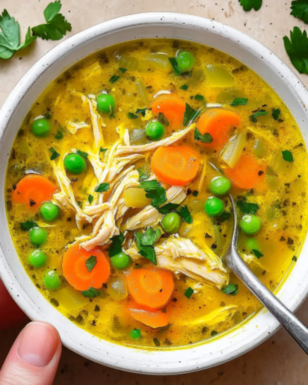 Overhead view of turmeric chicken soup with carrots, peas, and parsley in a white bowl — a comforting and healthy paleo chicken soup for inflammation.