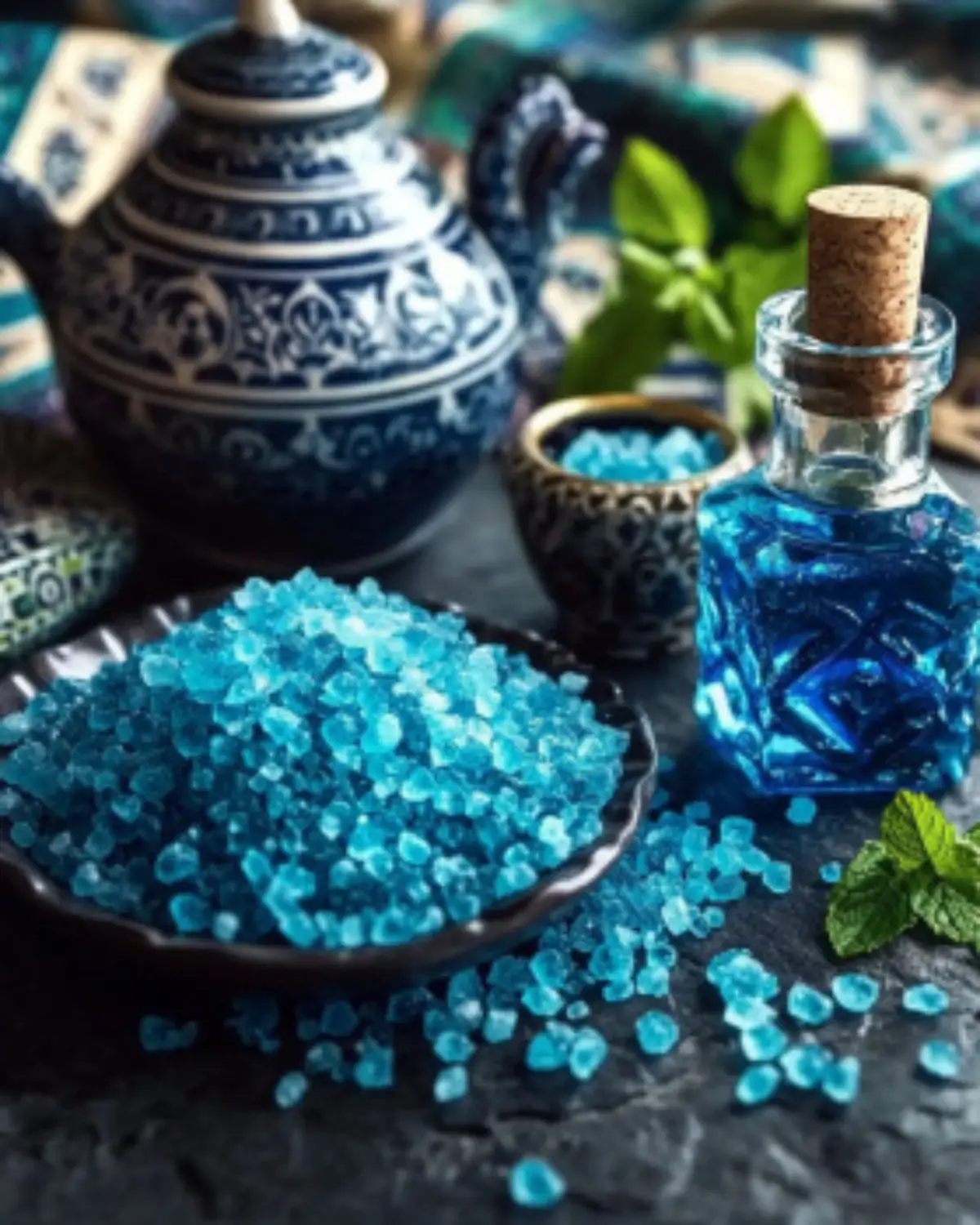 Persian blue salt crystals on a plate next to traditional teapot and fresh mint