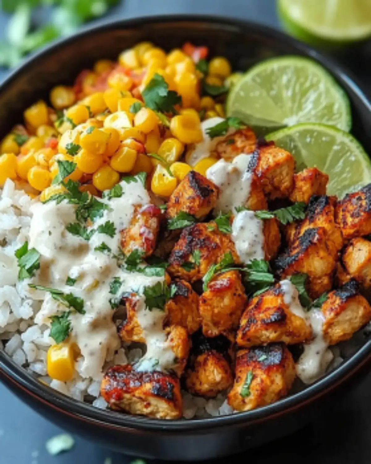 Bowl of grilled chicken, creamy sauce, and Mexican street corn served over rice with lime