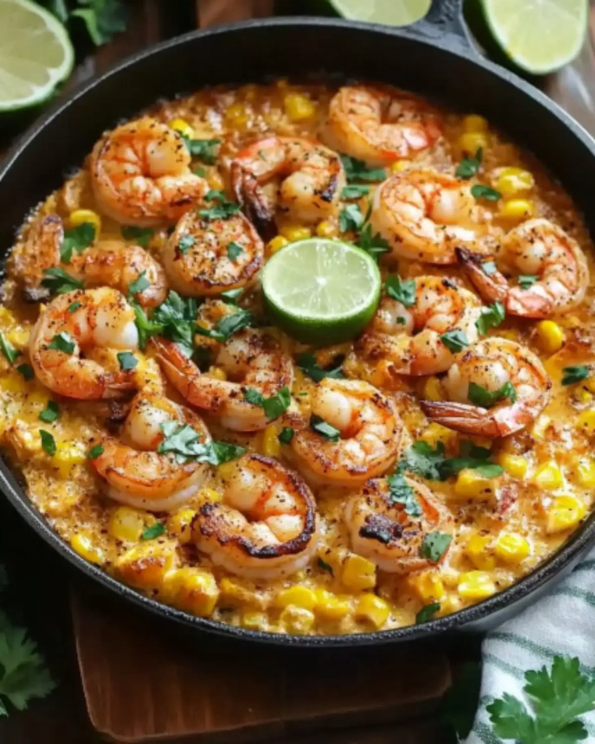 Overhead view of shrimp in creamy corn sauce with lime slices and herbs in a black cast iron skillet
