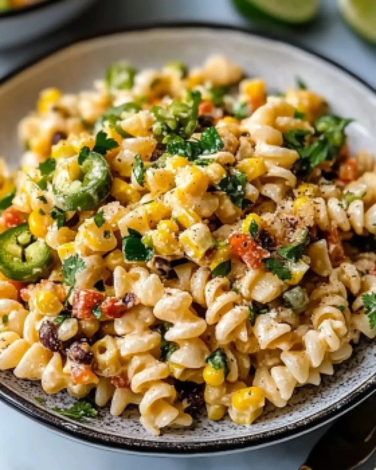 Mexican pasta salad with jalapeños, grilled corn, black beans, and creamy dressing in a bowl