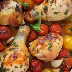 Oven-baked chicken drumsticks with roasted cherry tomatoes, garlic cloves, and fresh basil in a white baking dish