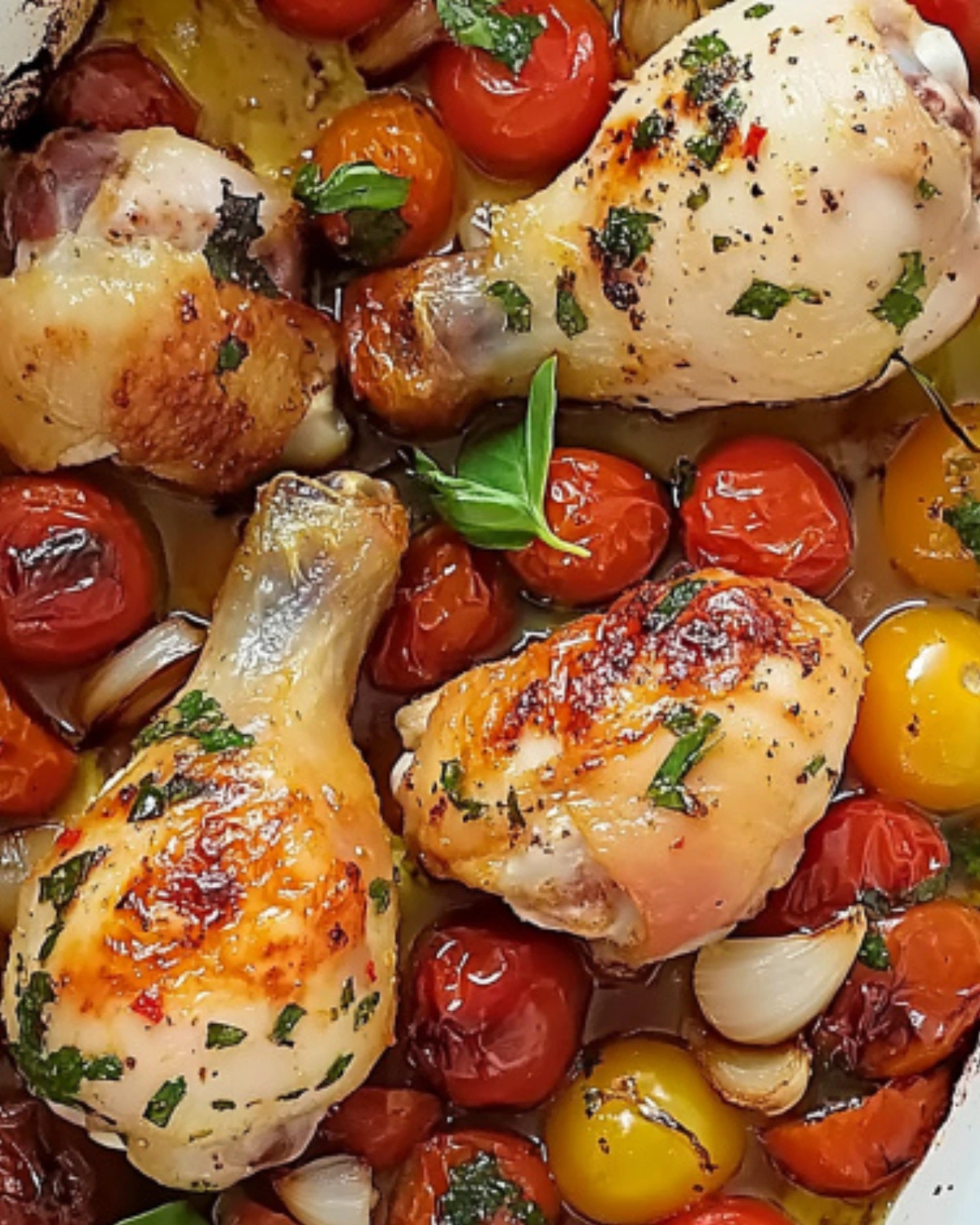 Oven-baked chicken drumsticks with roasted cherry tomatoes, garlic cloves, and fresh basil in a white baking dish