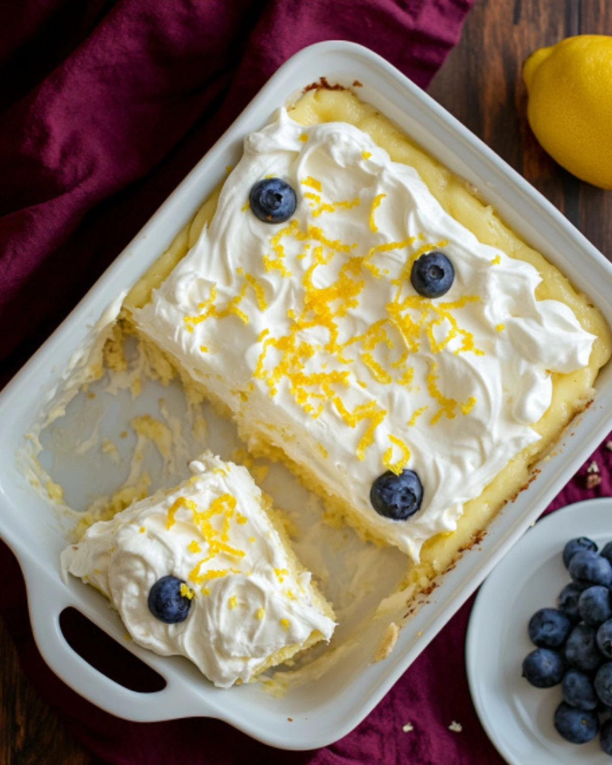 Lemon pudding poke cake with whipped topping, blueberries, and lemon zest in a white baking dish
