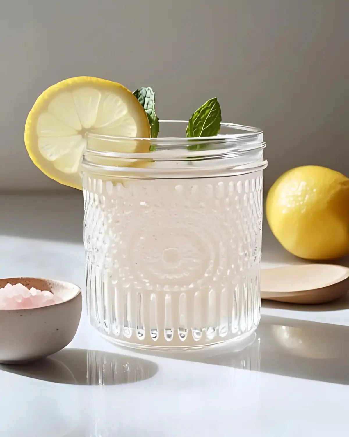 Pink salt trick weight loss drink with lemon slice and mint in glass