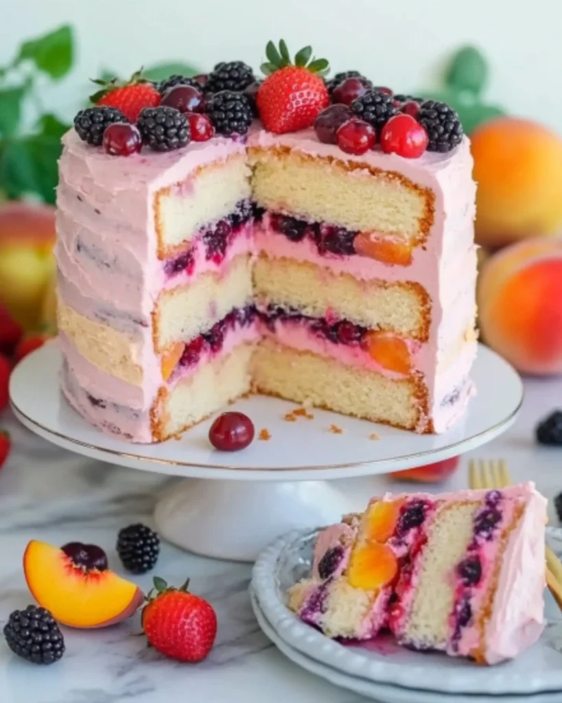 Summer fruit sangria cake slice with fresh berries and peaches on a white plate