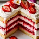 Layered strawberry shortcake cake with whipped cream and fresh strawberries, slice removed to show filling