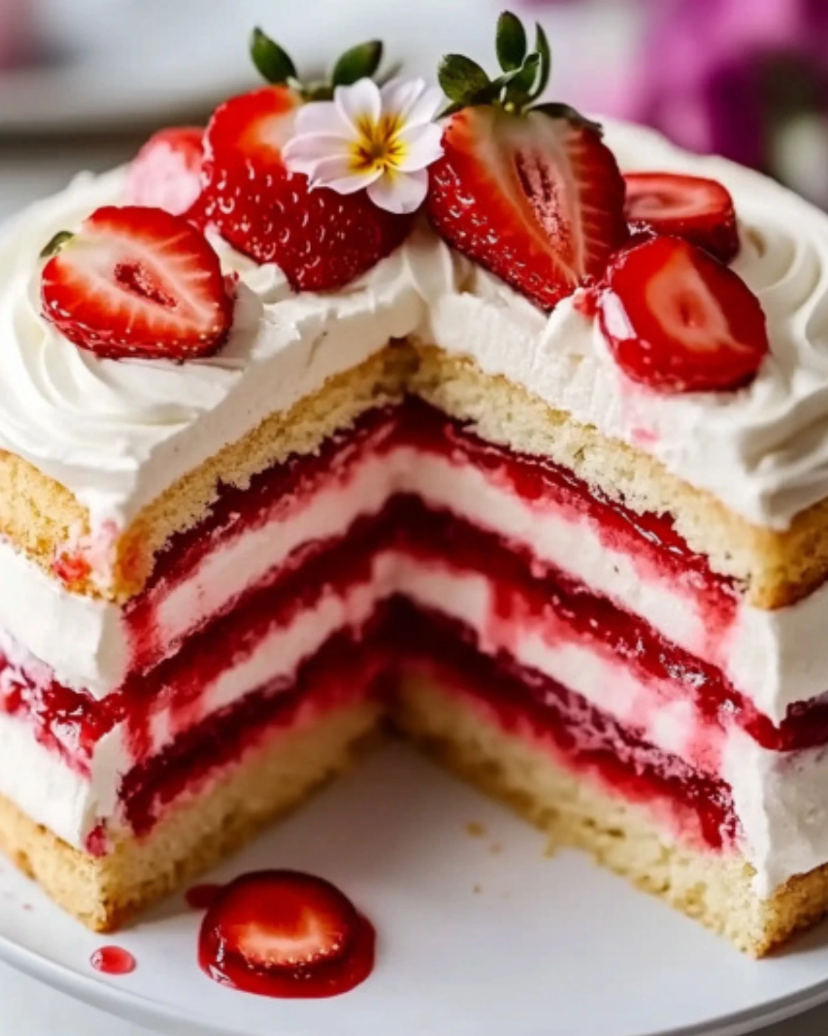 Layered strawberry shortcake cake with whipped cream and fresh strawberries, slice removed to show filling