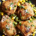 Crispy lime chicken thighs served over roasted corn and poblano salad on a dark ceramic plate