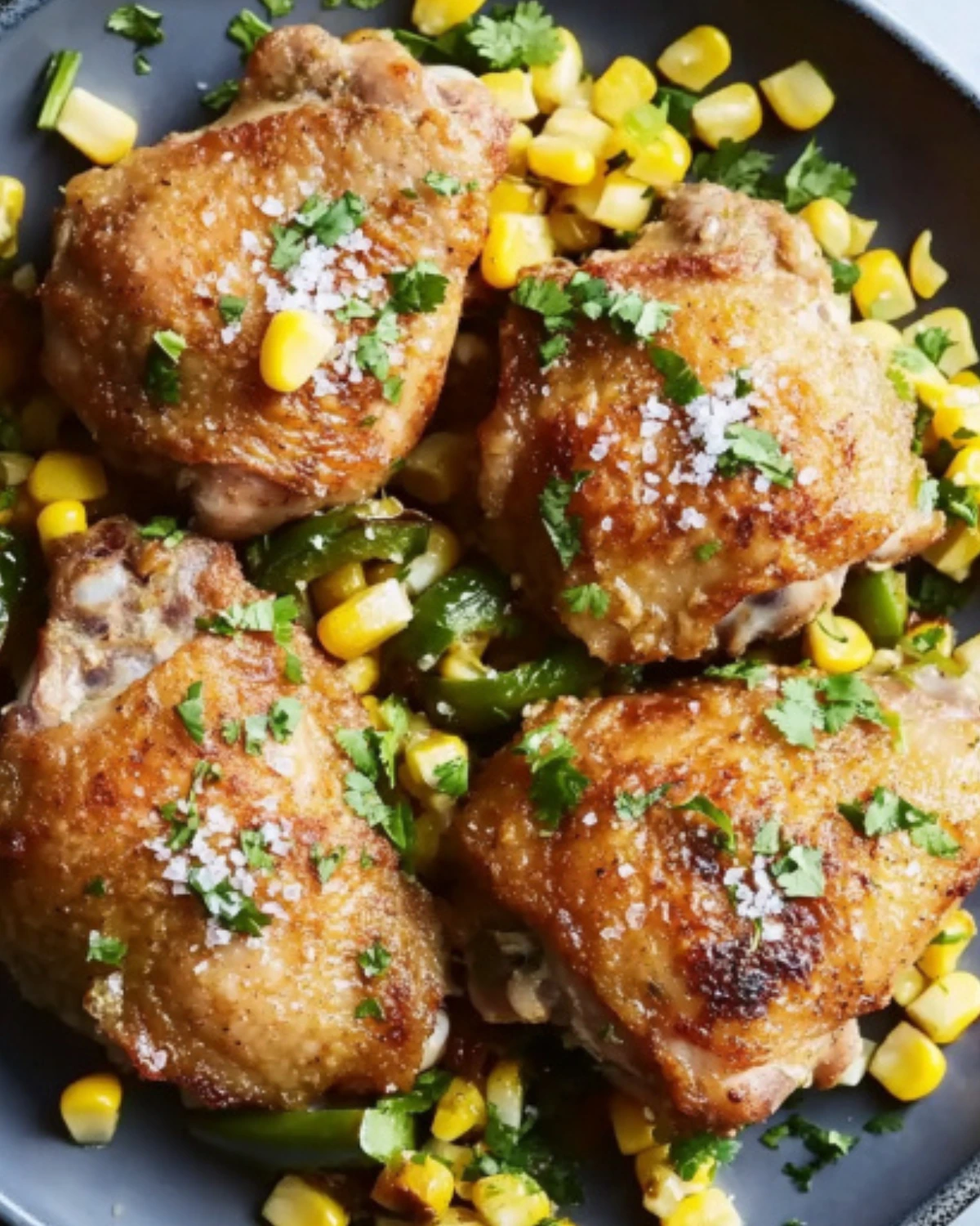 Crispy lime chicken thighs served over roasted corn and poblano salad on a dark ceramic plate