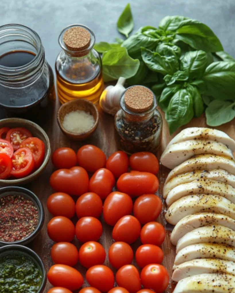 Flat lay of ingredients for baked caprese chicken skillet with cherry tomatoes, basil, mozzarella, and raw chicken breasts.