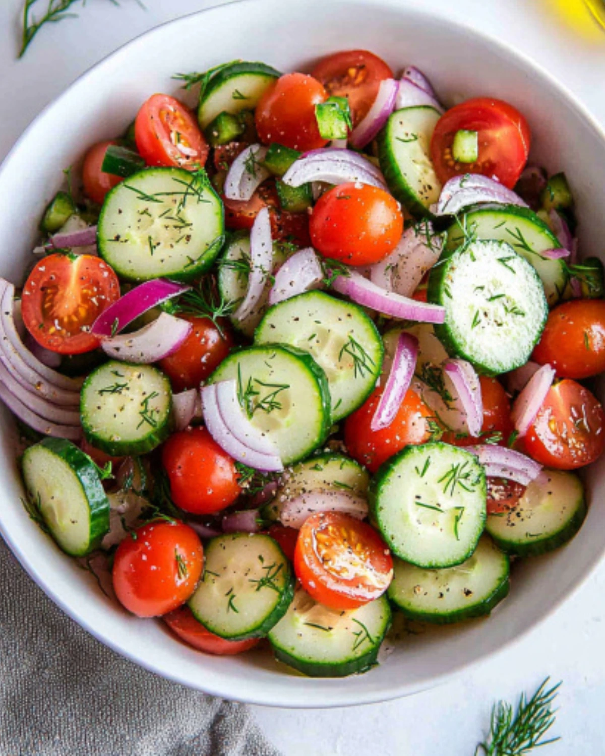 Fresh cucumber tomato salad with red onion, cherry tomatoes, dill, and olive oil in a white bowl