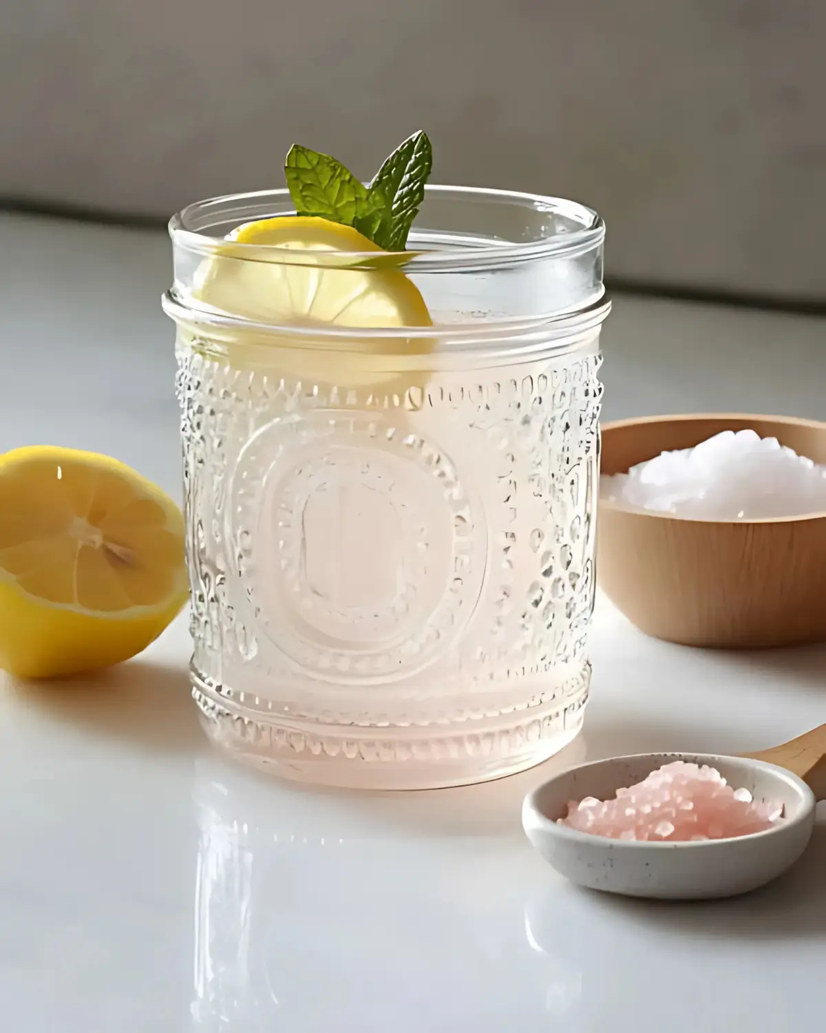 Glass of pink salt water with lemon slice, Himalayan pink salt in dish, wooden spoon, healthy detox drink