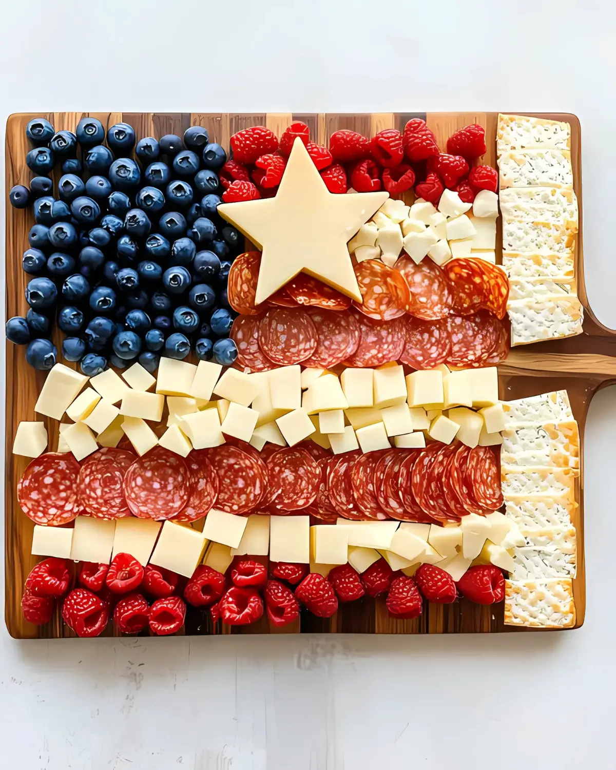 American Flag Charcuterie Board with blueberries, raspberries, salami, pepperoni, white cheese cubes, and a large star-shaped cheese on a wooden board