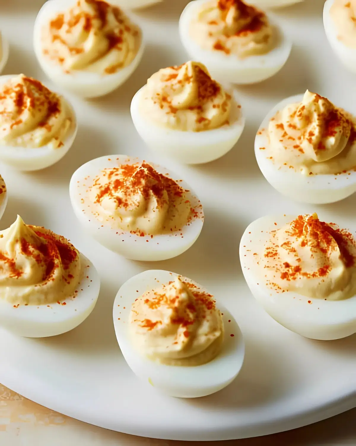 Classic deviled eggs with creamy yolk filling topped with paprika on a white plate