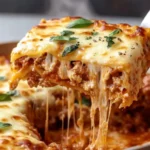 Slice of cheesy homemade lasagna with ricotta and meat sauce, lifted to show gooey melted mozzarella and fresh basil garnish.