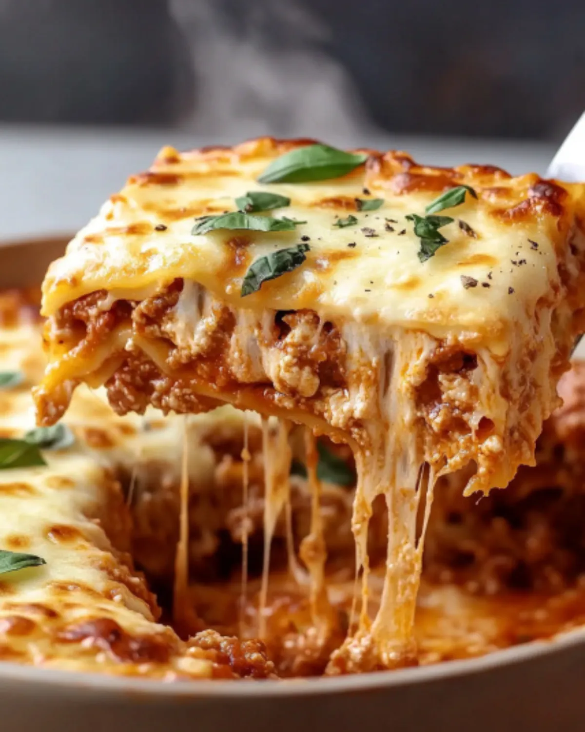 Slice of cheesy homemade lasagna with ricotta and meat sauce, lifted to show gooey melted mozzarella and fresh basil garnish.