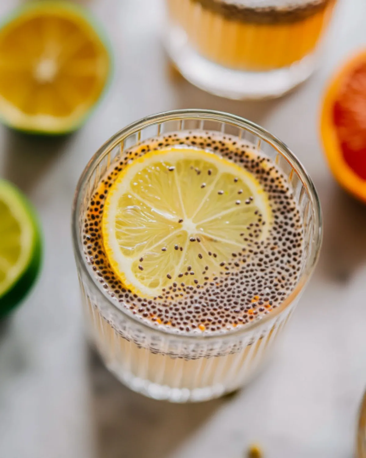 Close-up of gelled lemon chia water with chia seeds and citrus in glass
