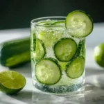 Chilled cucumber lime detox water with bubbles in a clear glass on marble