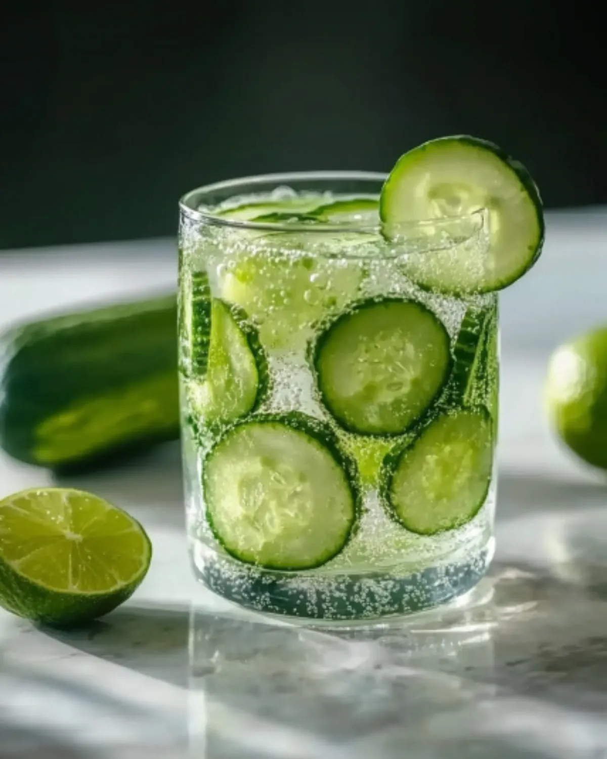 Chilled cucumber lime detox water with bubbles in a clear glass on marble
