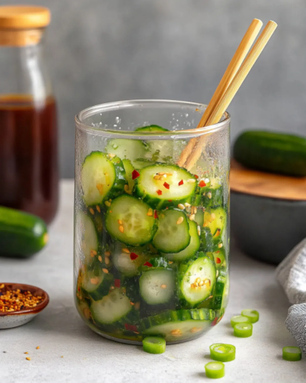 Jar of cucumber salad with chopsticks and soy dressing