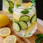 Lemon mint and cucumber infused water with ice in a glass on a wooden board