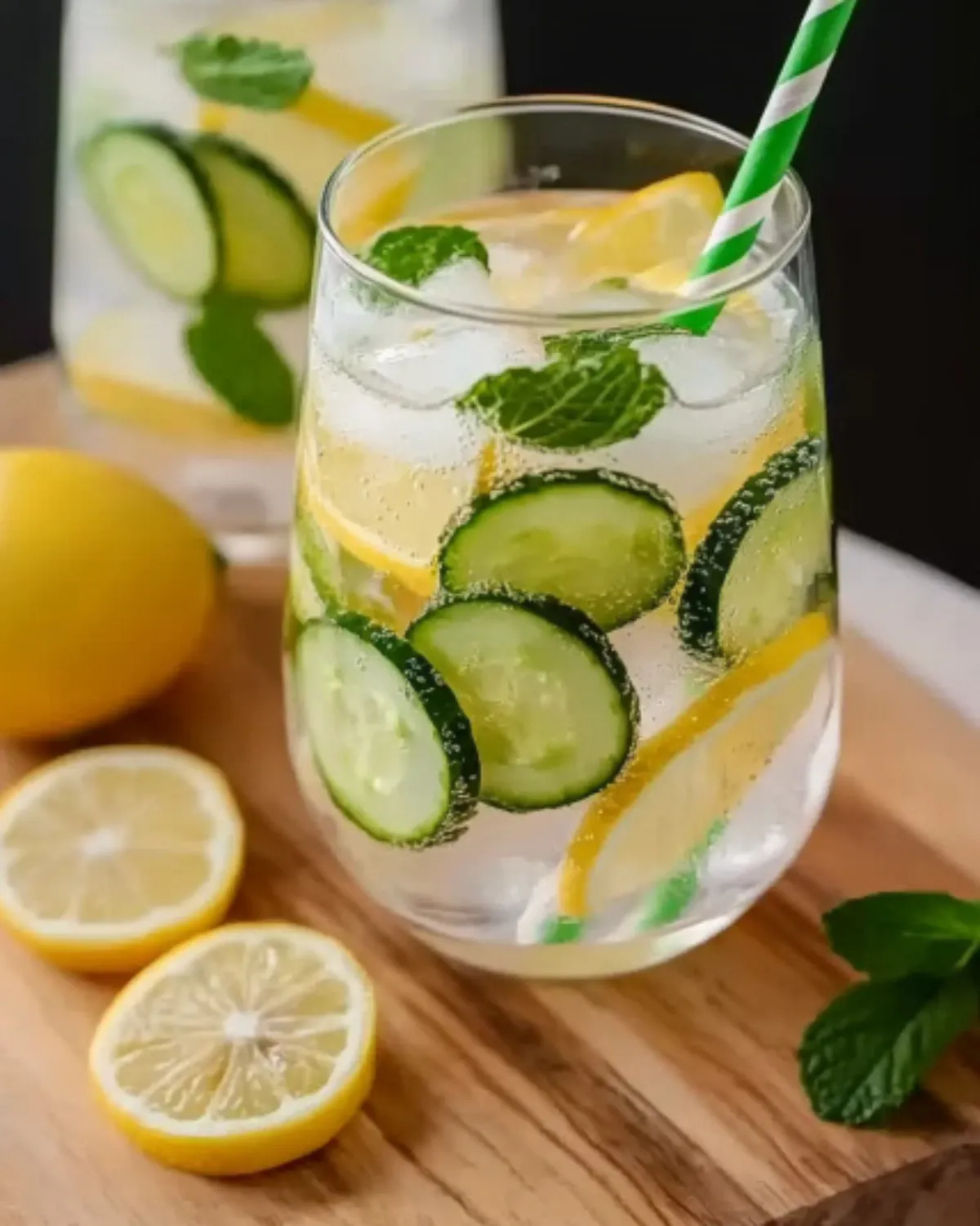 Lemon mint and cucumber infused water with ice in a glass on a wooden board