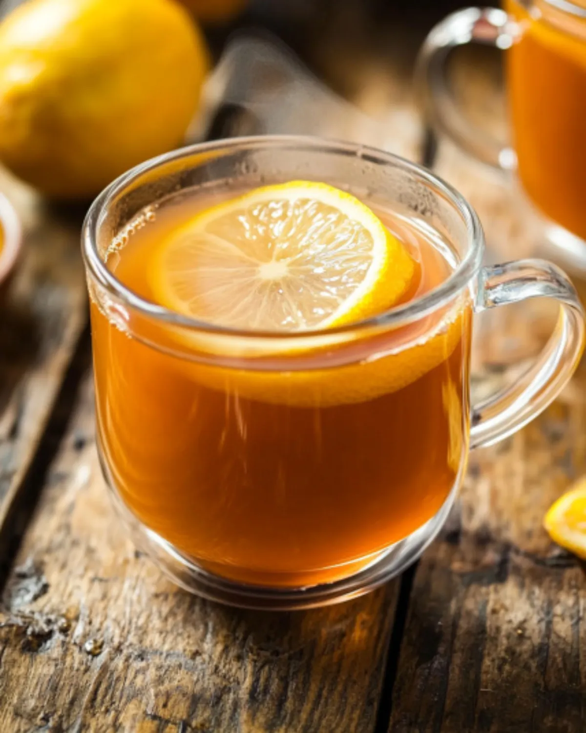 Hot Costa Rican herbal tea with lemon slice served in a clear glass mug on a rustic wooden table