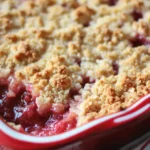 Freshly baked strawberry rhubarb crumble with golden streusel topping in a ceramic dish