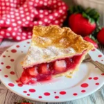 Slice of strawberry rhubarb pie on a polka dot plate with fresh strawberries on a rustic wooden table