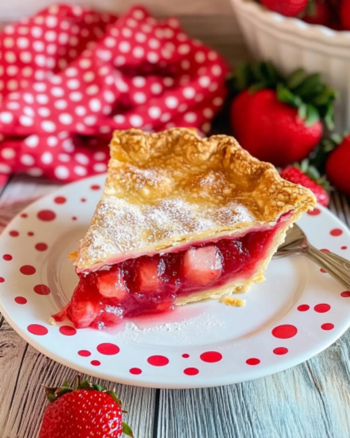 Slice of strawberry rhubarb pie on a polka dot plate with fresh strawberries on a rustic wooden table