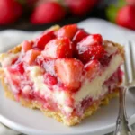 Close-up of a creamy strawberry rhubarb custard bar with sugar cookie crust on a white plate