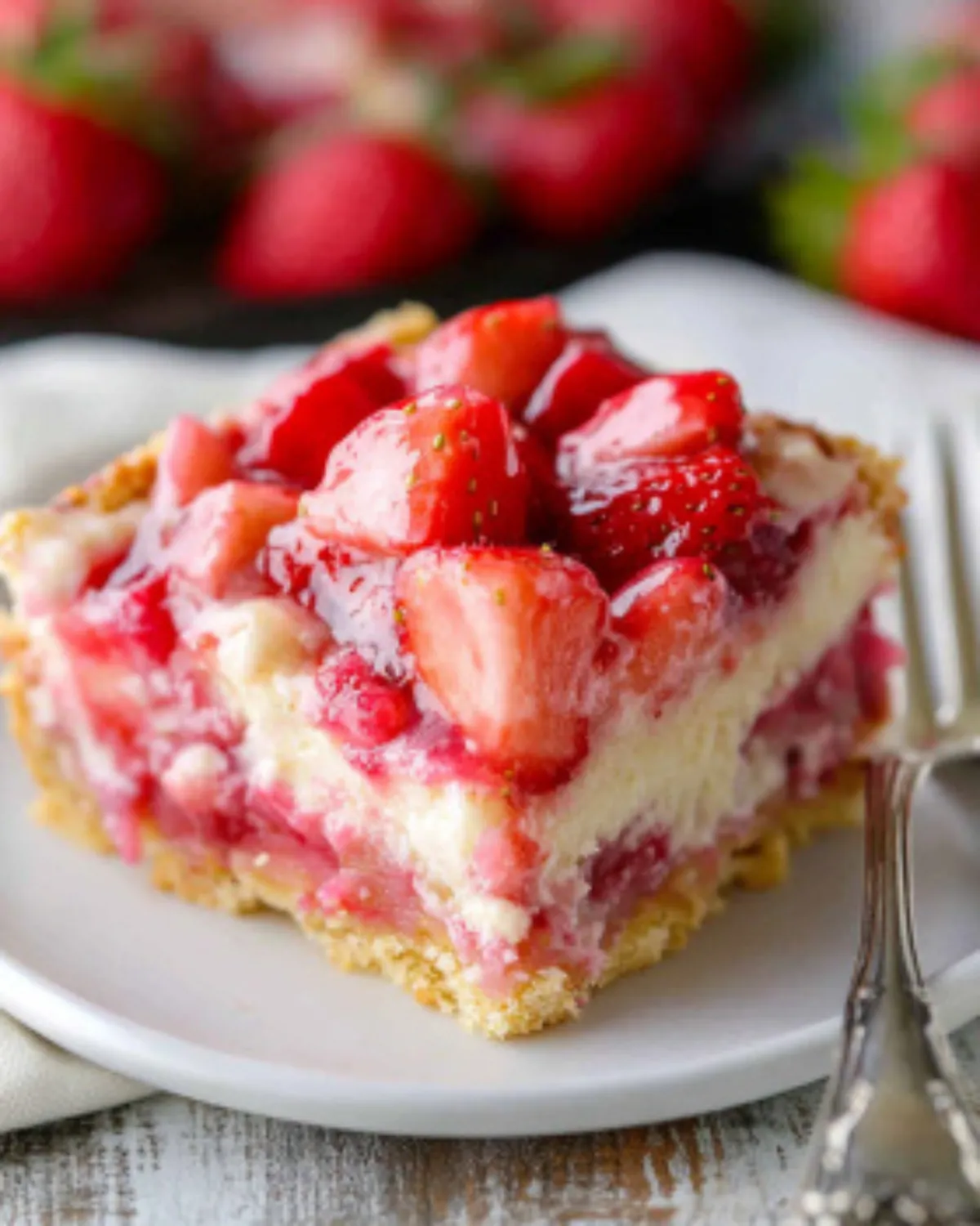 Close-up of a creamy strawberry rhubarb custard bar with sugar cookie crust on a white plate