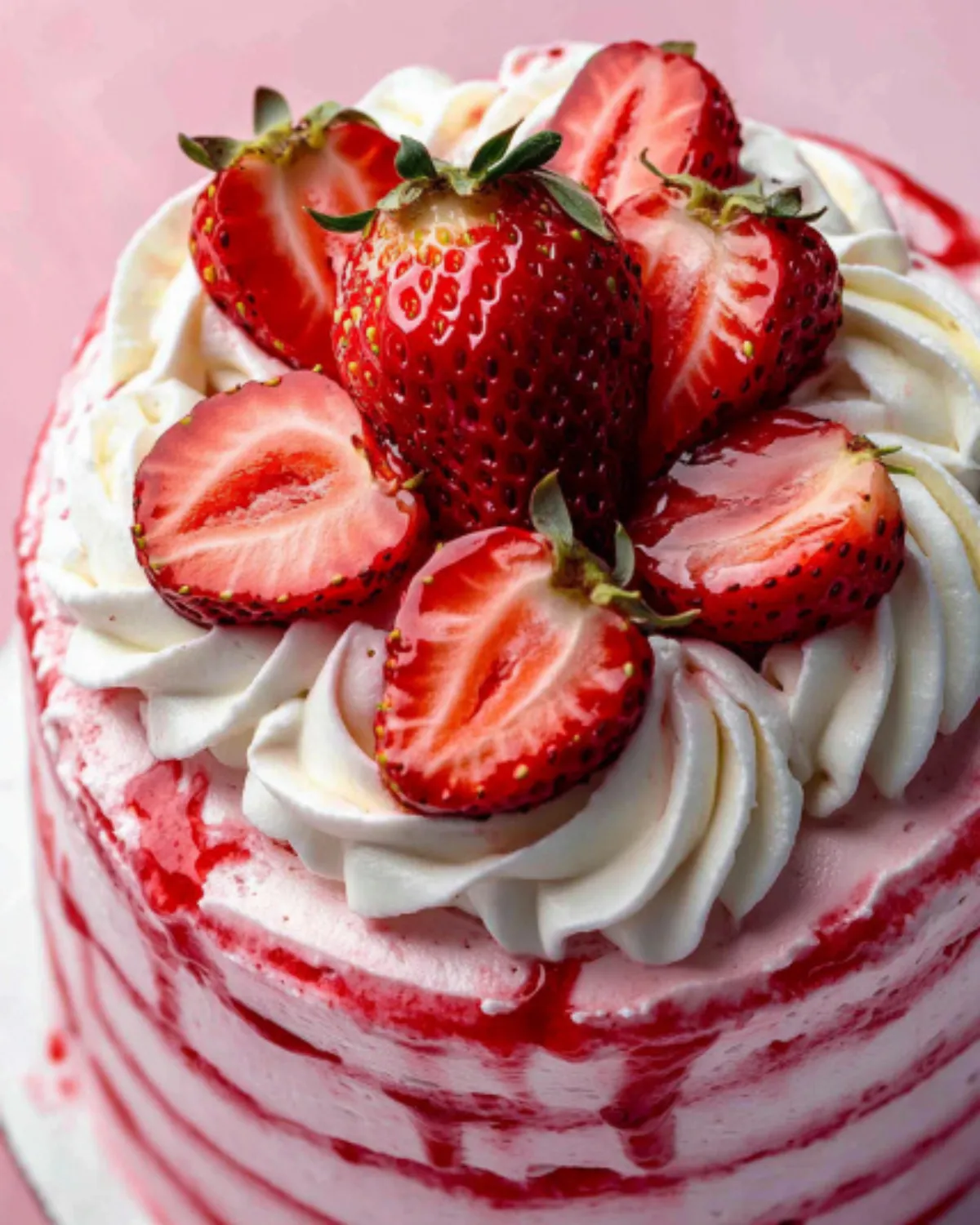 Close-up of a strawberry shortcake cake with whipped cream swirls, strawberry drizzle, and fresh strawberries on top