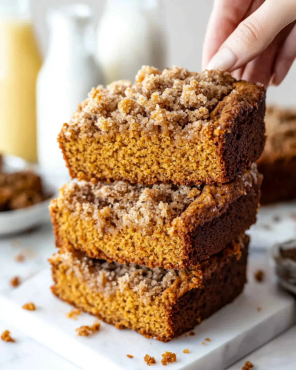 Stack of three slices of Moist Pumpkin Bread with streusel topping, one being lifted by hand, with blurred milk bottles in the background.