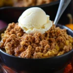 Single serving of pumpkin crisp in a black bowl with melting vanilla ice cream on top and a spoon ready to dive in.