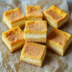 Pumpkin custard cake squares arranged on crinkled parchment paper, showing distinct layers.