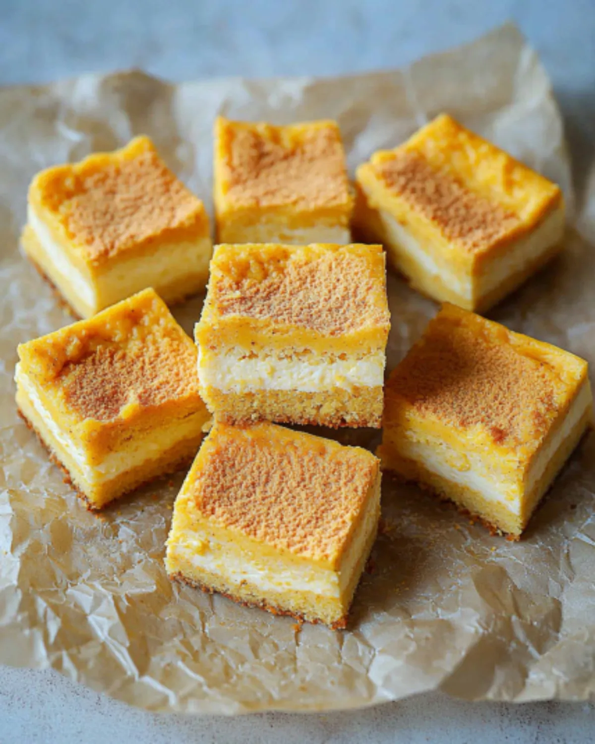 Pumpkin custard cake squares arranged on crinkled parchment paper, showing distinct layers.