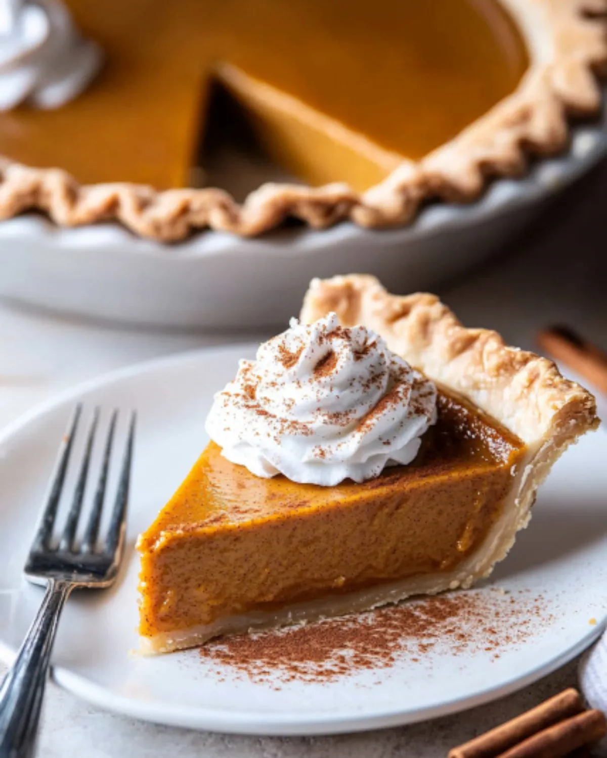 Close-up of a slice of pumpkin pie with whipped cream on a white plate, perfect for holiday baking or Thanksgiving dessert tables.