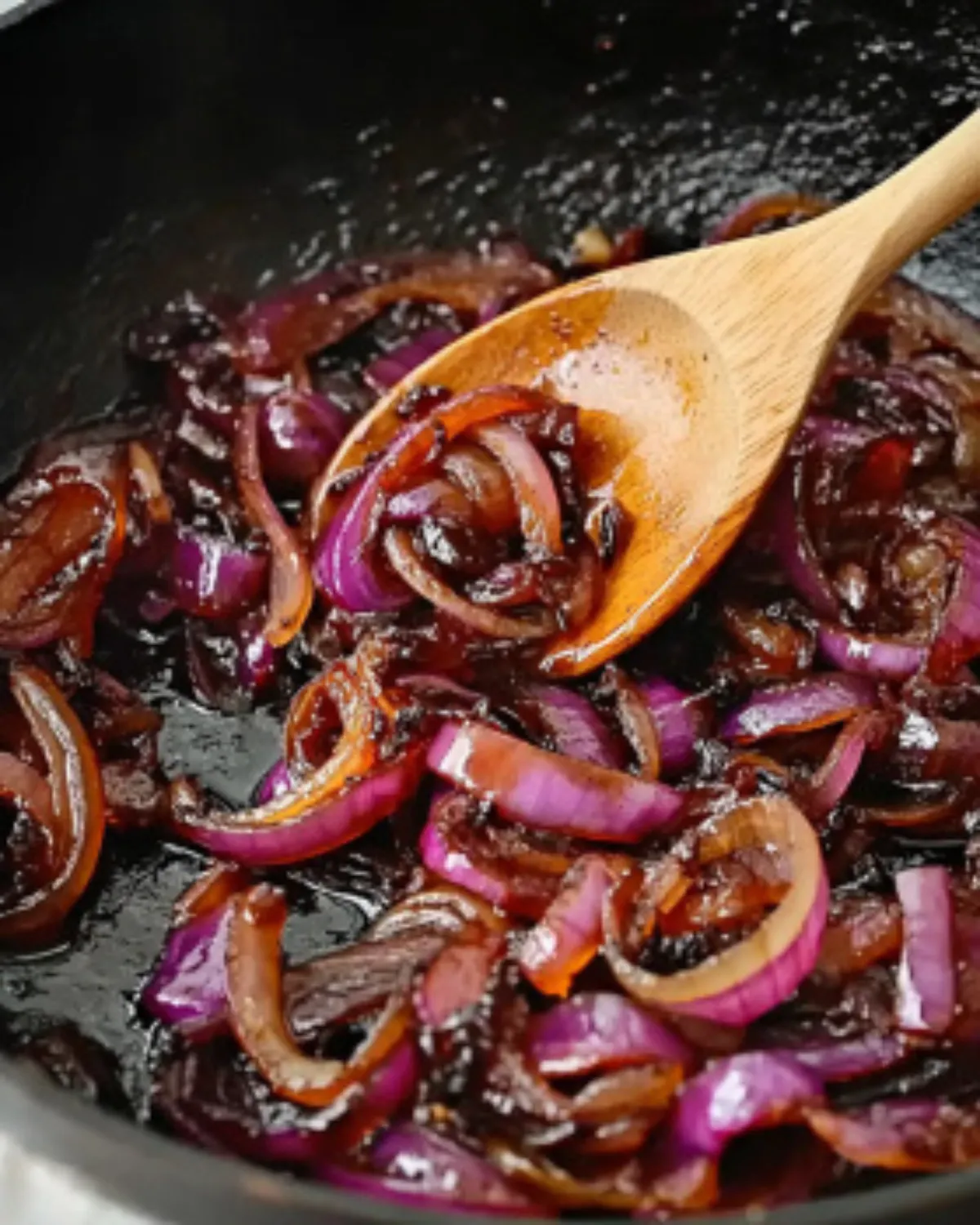 Skillet of Sauteed Red Onions caramelized with butter, brown sugar, and balsamic vinegar for a deep, savory-sweet flavor.